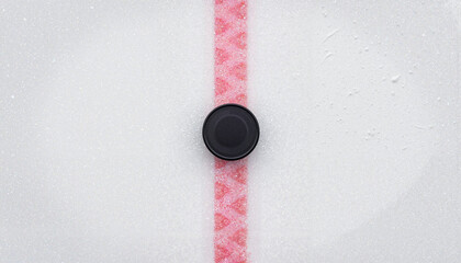 Top-down view of ice hockey puck on rink, celebrating Canada Day