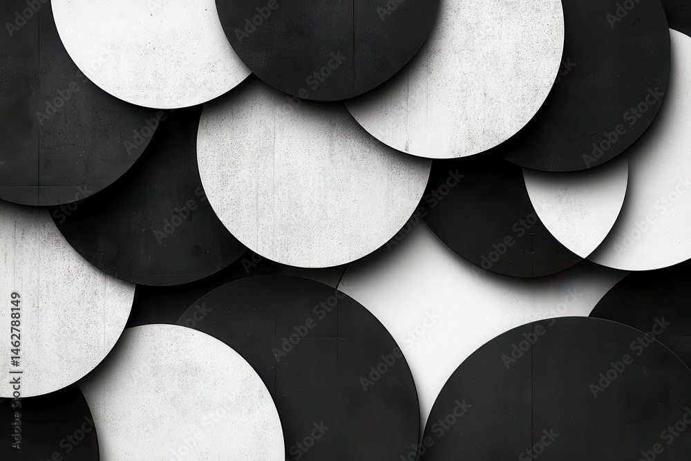 Poster Abstract arrangement of black and white circles on a flat surface creating a bold visual design