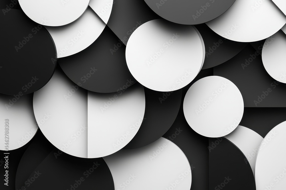 Poster Abstract arrangement of black and white circles on a flat surface creating a bold visual design