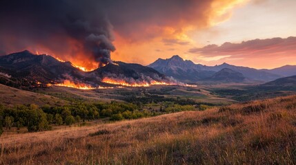 Obraz premium A fire is burning in the mountains and the sky is orange