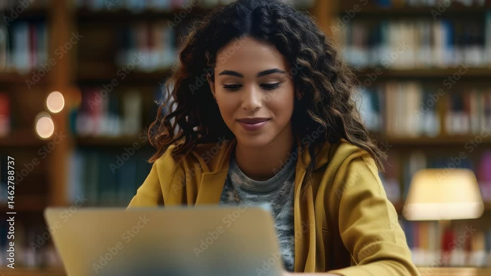 Poster a young woman smiles while working on a laptop in a library. she is in a mustard jacket. shelves of 