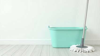 String mop and bucket on wooden floor near white wall 


