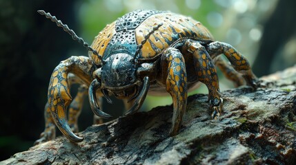 Colorful insect on wood, rainforest background, nature macro