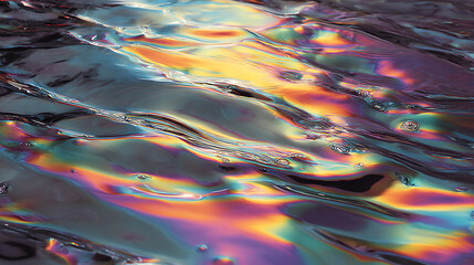 Liquid metal surface with vibrant colors reflecting light, creating mesmerizing pattern of iridescence and fluid movement. interplay of colors evokes sense of tranquility and beauty