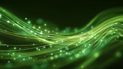 Abstract Green Flowing Lines Elegant Light Sparkles Design Background Modern Digital Art Wave Energy Nature Dark Shiny  