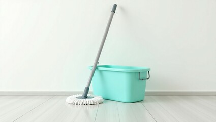 String mop and bucket on wooden floor near white wall 


