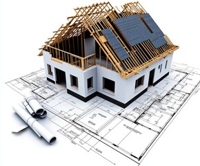 House under construction, blueprints displayed.  Framework, roofing, and walls are visible.  Architectural plans are rolled out
