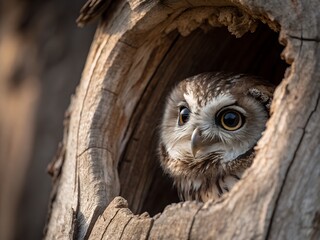 close up  front view of an owl peeking out from a wooden tree hole