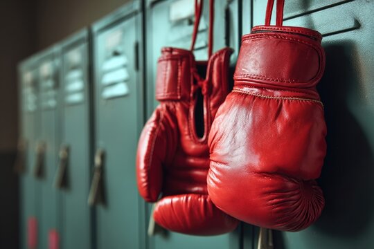 Close-up of red boxing gloves hanging on a locker