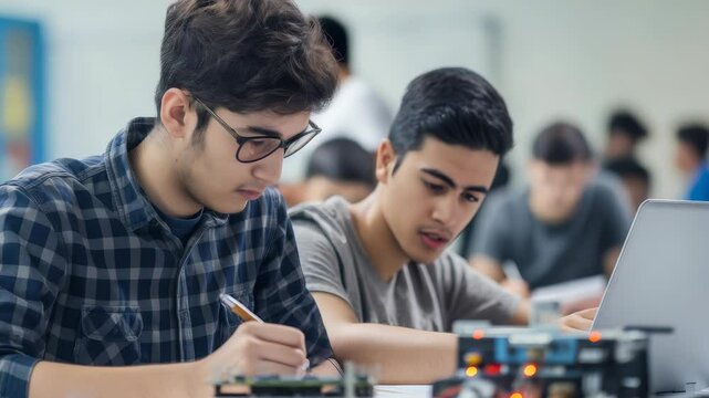 Two students are working together on a technology-focused project in a classroom environment. They are working with circuits and electronic components, with other students in the background. - Powered by Adobe