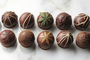Delicious handcrafted chocolates arranged beautifully on a marble surface showcasing unique flavors and designs