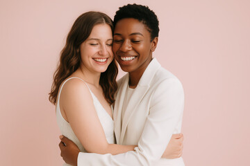 Fototapeta premium young women in white clothes, lesbians couple standing over pink background. Concept of lgbt community, love, Valentine's day, freedom and acceptance