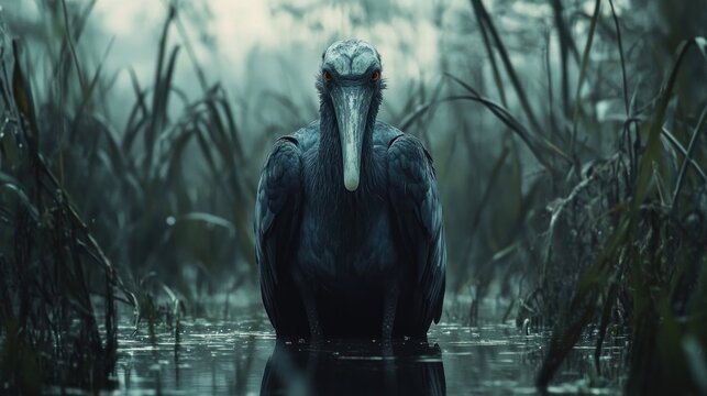Dark bird in swamp, misty morning, ominous vibe, wildlife illustration