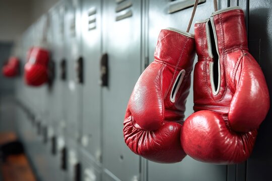 Close-up of red boxing gloves hanging on a locker