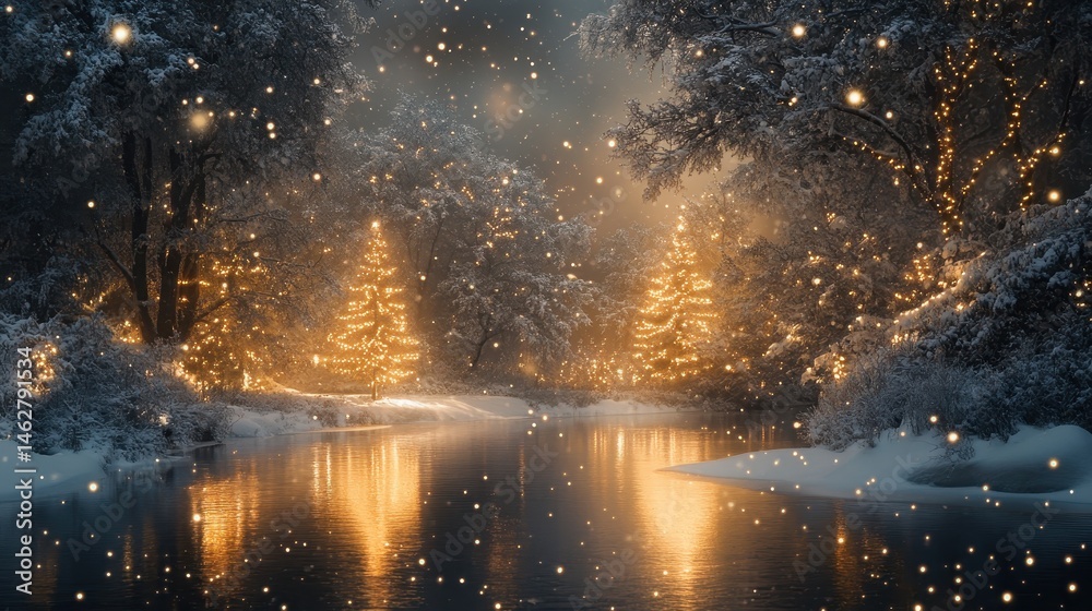 Aufkleber snowy winter evening in a park with illuminated trees and festive lights creating a magical holiday 