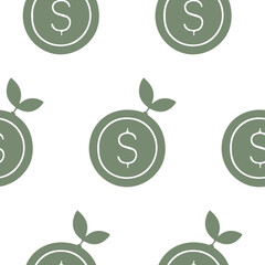 pattern with business icon of working coin with branches of green leaves, connection of business and ecology