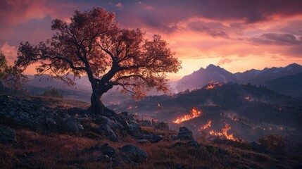 A tree stands in the middle of a field with a beautiful sunset in the background