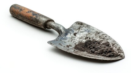 Dirty garden trowel on white background; gardening tool