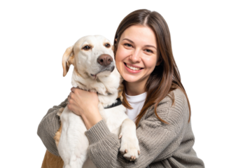 Happy young woman hugging a dog, isolated on a transparent background