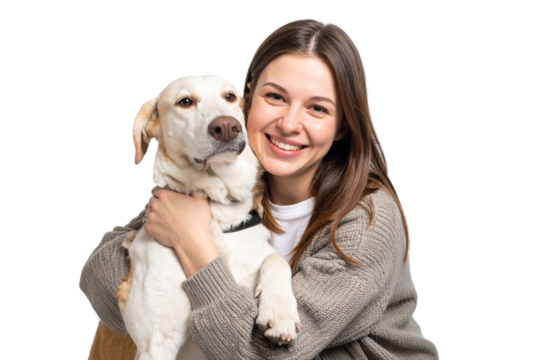 Happy young woman hugging a dog, isolated on a transparent background