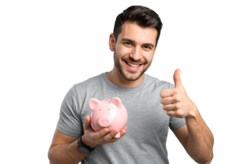 Photograph of a happy young man with a piggy bank, giving a thumbs up, isolated on a transparent background
