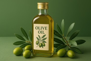 Olive oil bottle with green olives and leaves on green background, product branding concept