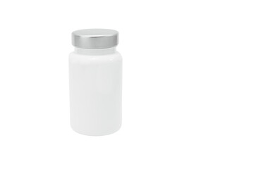 Generic white plastic medicine bottle with metal cap isolated on white background