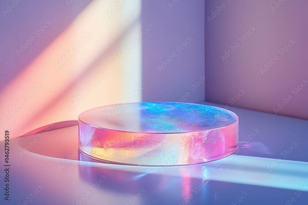 Poster colorful iridescent disc on a white background showcasing a blend of pastel shades reflecting light 