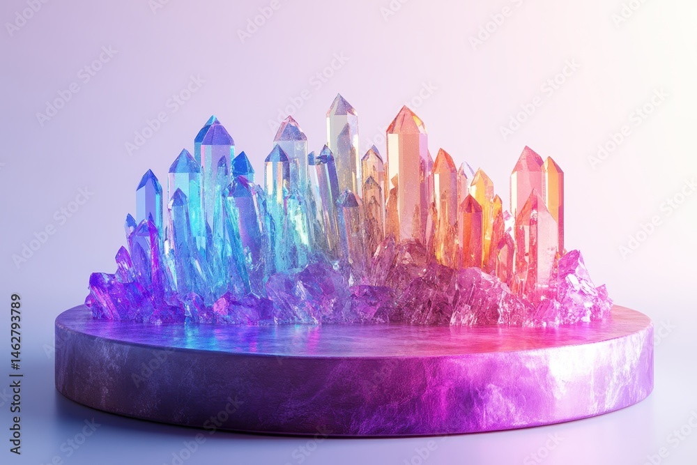 Poster colorful iridescent disc on a white background showcasing a blend of pastel shades reflecting light 