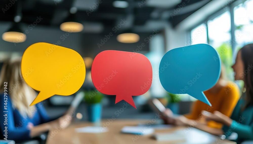 Poster group discussion in modern office with colorful speech bubbles on glass during a collaborative meeti