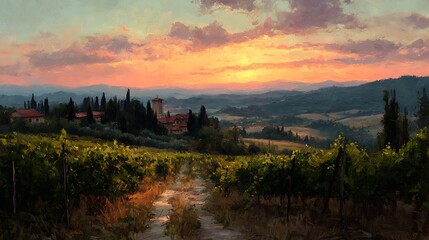 Fototapeta premium Tuscan sunset over vineyards, rural road and buildings