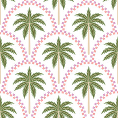 Fototapeta na wymiar Tropical palm tree, arch seamless pattern. Jungle wallpaper. 