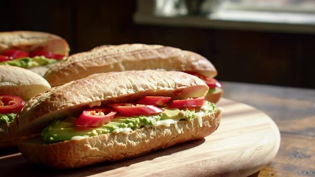 Close Up Delicious Cemitas Poblanas Sandwich Topped with Avocado and Chili Peppers on Wooden Table