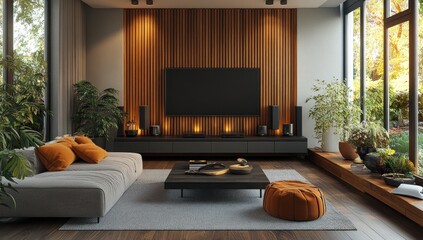 Modern living room, autumn view, wooden wall, home theater