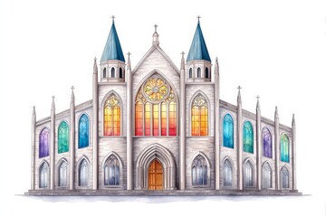 Fototapeta premium Watercolor Grand Gothic Cathedral - A majestic gothic cathedral, in watercolor, features vibrant rainbow stained-glass windows, symbolizing diversity, faith, hope, light, and community