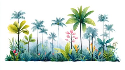 Watercolor Jungle Paradise: Lush Tropical Scene - Vibrant watercolor painting of a tropical jungle, symbolizing serenity, exotic beauty, natural abundance, vibrant life, and hidden paradise