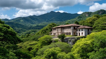 Mountain manor nestled in lush jungle