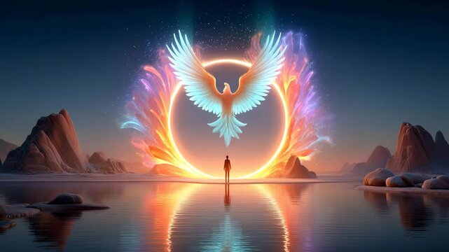 A mystical phoenix rising over serene waters.