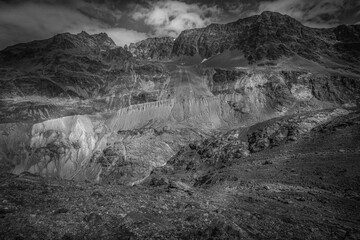 Black and white view of 1850 age moraines of Vallelunga Glacier. Vallelunga, Alto Adige - Sudtirol, Italy. Small Ice Age is the last glacial period in the Alps
