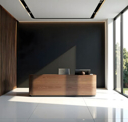 empty conference room with polished white epoxy‑coated floors, seamless black seamless gradient backdrop, and a sleek wooden reception desk in warm walnut finish. Hang sheer gray gossamer fabric to fi