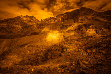 Fantasy effect color of ancient moraines of Vallelunga Glacier. Alto Adige - Sudtirol, Italy. Popular mountain for climbers. Abstract image