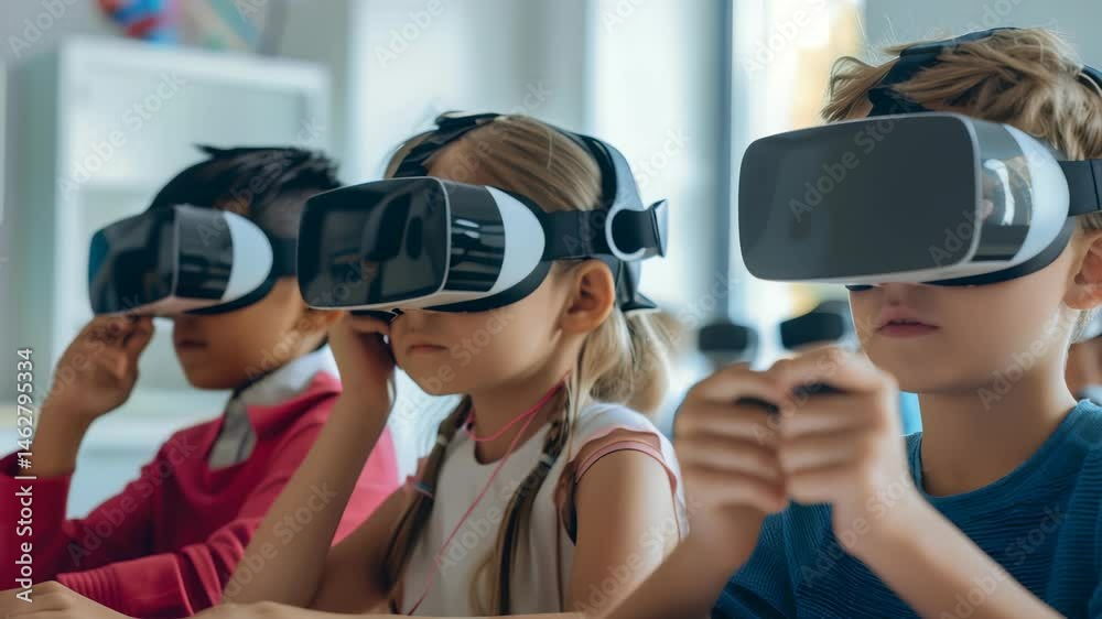 Poster a group of diverse young children are using vr headsets in a bright classroom setting. they are imme