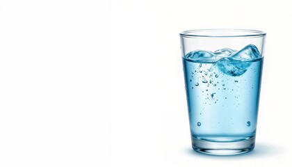 Glass of clean sparkling water with ice cubes and bubbles, isolated on white background, refreshing hydration concept with copy space
