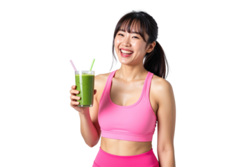An Asian woman in pink sportswear is holding a green smoothie and laughing, isolated on a transparent background