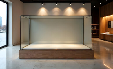A high-end, minimalist glass display case nestled in a sleek, industrial-inspired retail gallery. The glass surface is a flawless backdrop, reflecting subtle lighting and providing depth in the scene.