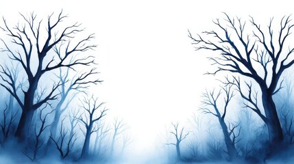 Obraz premium Winter Woodland Path - A serene winter scene, featuring bare trees silhouetted against a white background, creating a mystical, peaceful atmosphere