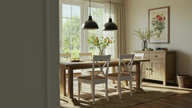 Rustic dining room interior with farm style oak table. Home design with modern pendant lights and country decor features for real estate marketing and decor inspiration.