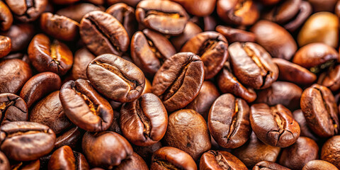 Obraz premium A close-up view of freshly roasted coffee beans reveals their rich brown color and shiny surface. The beans are scattered on a wooden surface, enhancing the sensory experience of brewing
