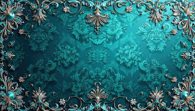 Intricate paisley damask pattern in shades of teal and silver , graphics, design, texture