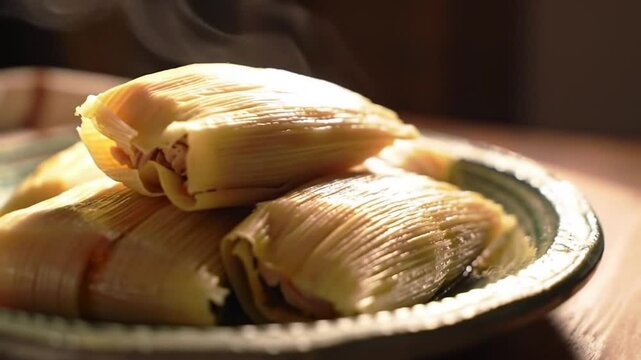 Stack of Steaming Chicken Tamales in Corn Husks on Decorative Plate and Wooden Table Food Photography